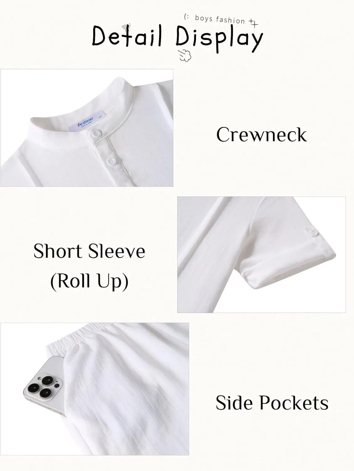 Arshiner Boy's 2 Pieces Linen Sets Short Sleeve Henley Shirt and Shorts Summer Beach Matching Outfits 5-12 Years