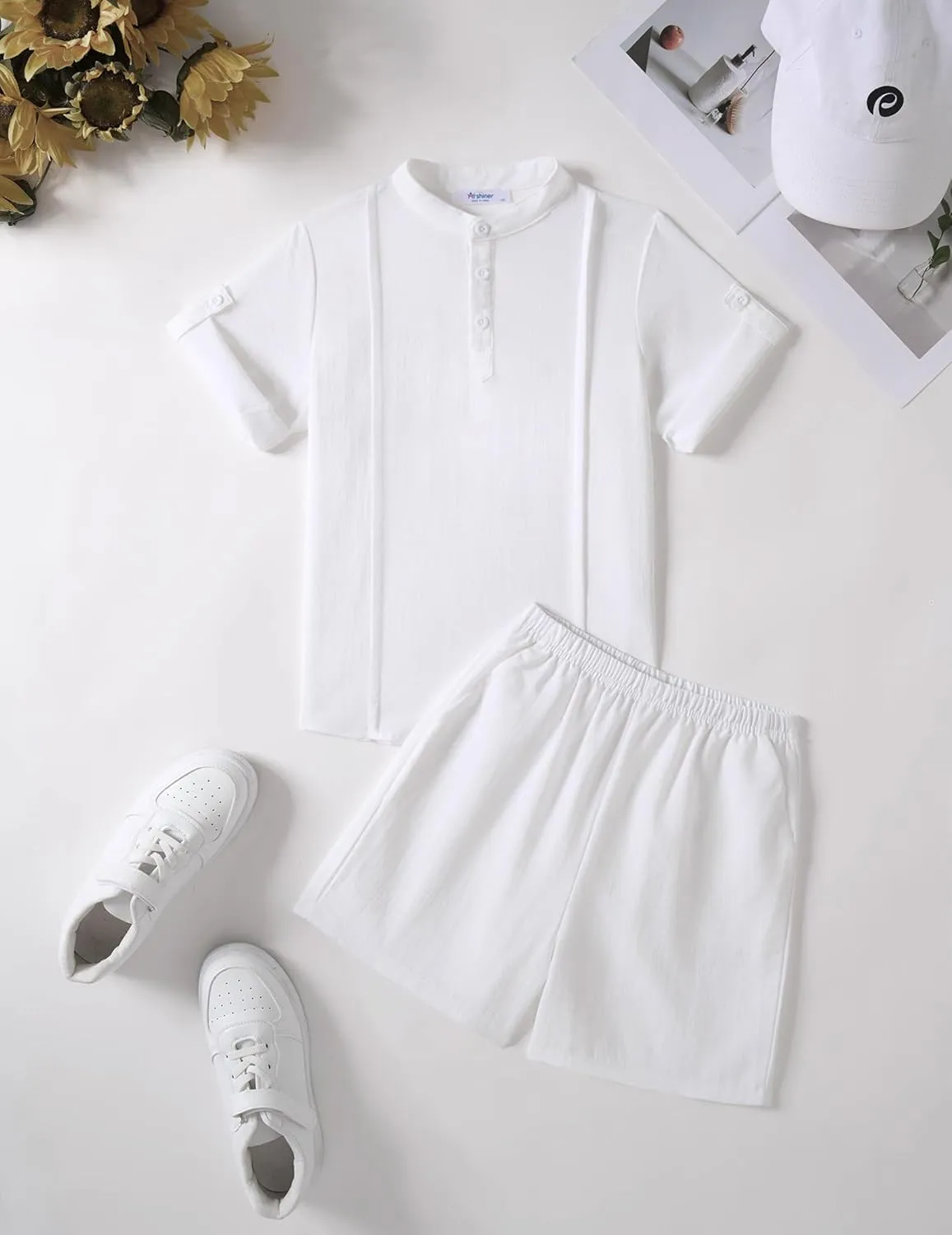 Arshiner Boy's 2 Pieces Linen Sets Short Sleeve Henley Shirt and Shorts Summer Beach Matching Outfits 5-12 Years