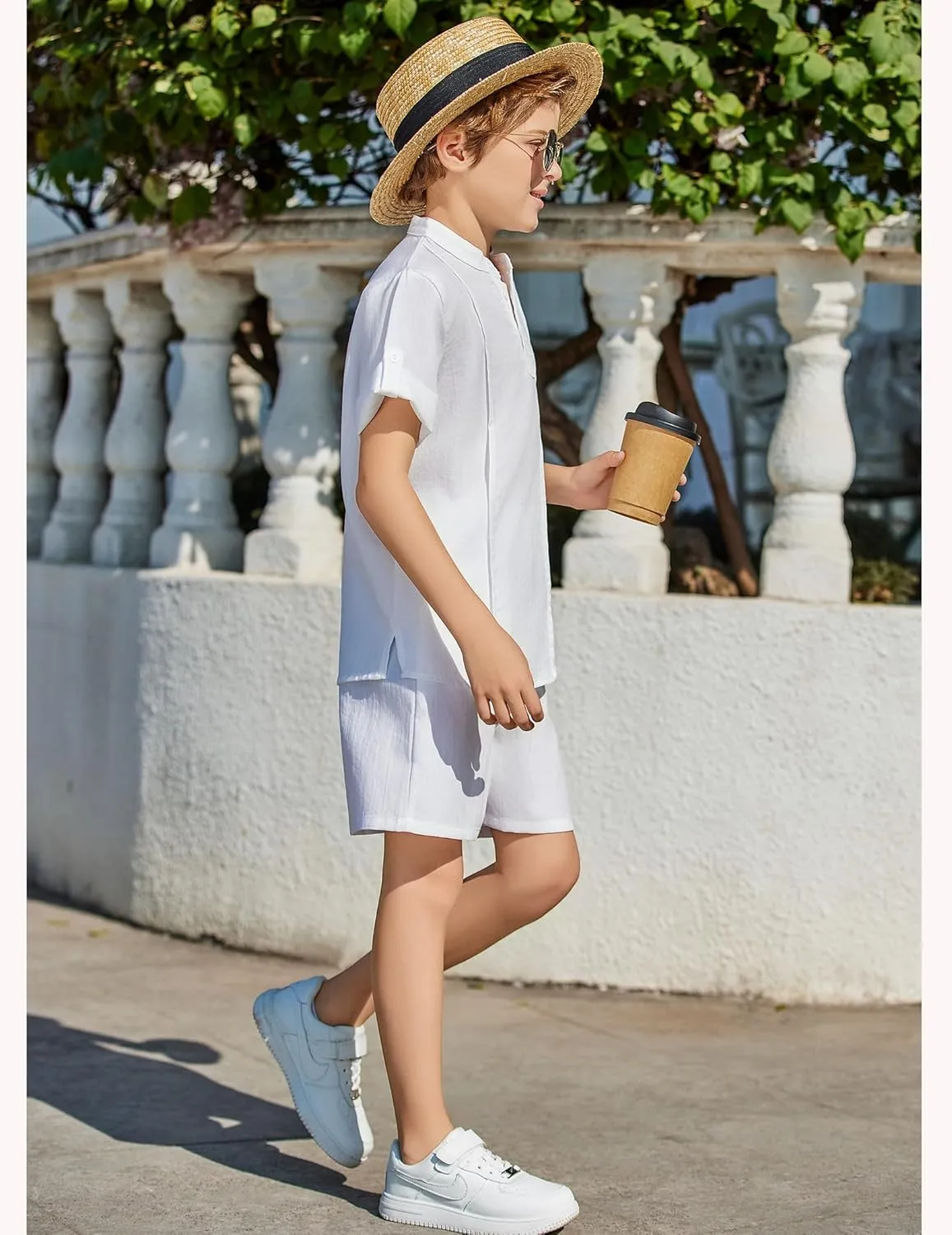 Arshiner Boy's 2 Pieces Linen Sets Short Sleeve Henley Shirt and Shorts Summer Beach Matching Outfits 5-12 Years