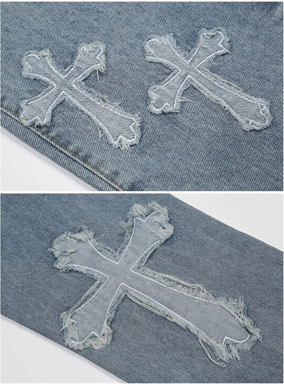 Baggy Jeans Men Streetwear Grunge Y2k Pants Distressed Cross Patch Cloth Frayed Gothic Punk Denim Clothes