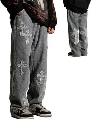 Baggy Jeans Men Streetwear Grunge Y2k Pants Distressed Cross Patch Cloth Frayed Gothic Punk Denim Clothes