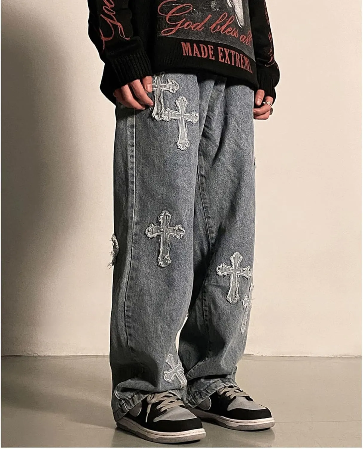 Baggy Jeans Men Streetwear Grunge Y2k Pants Distressed Cross Patch Cloth Frayed Gothic Punk Denim Clothes