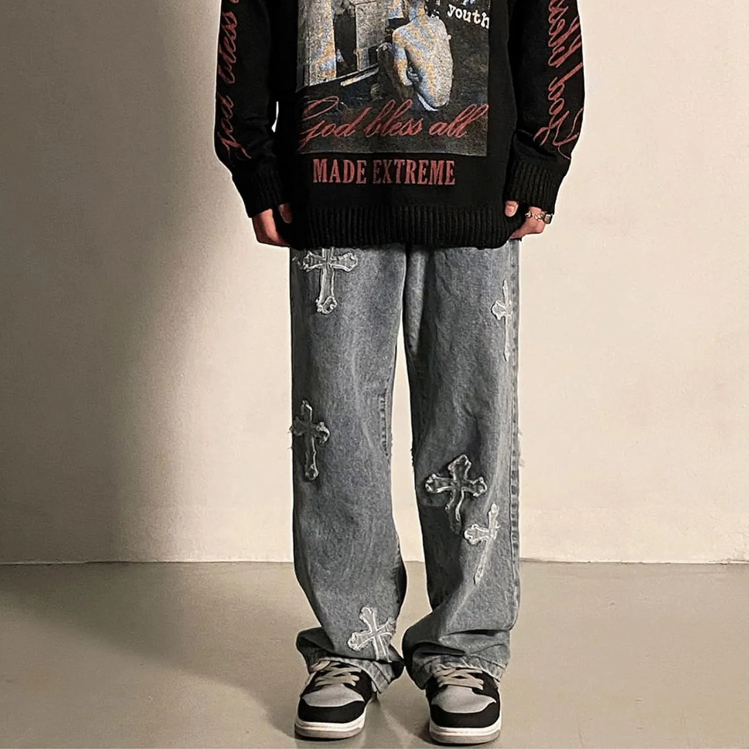 Baggy Jeans Men Streetwear Grunge Y2k Pants Distressed Cross Patch Cloth Frayed Gothic Punk Denim Clothes