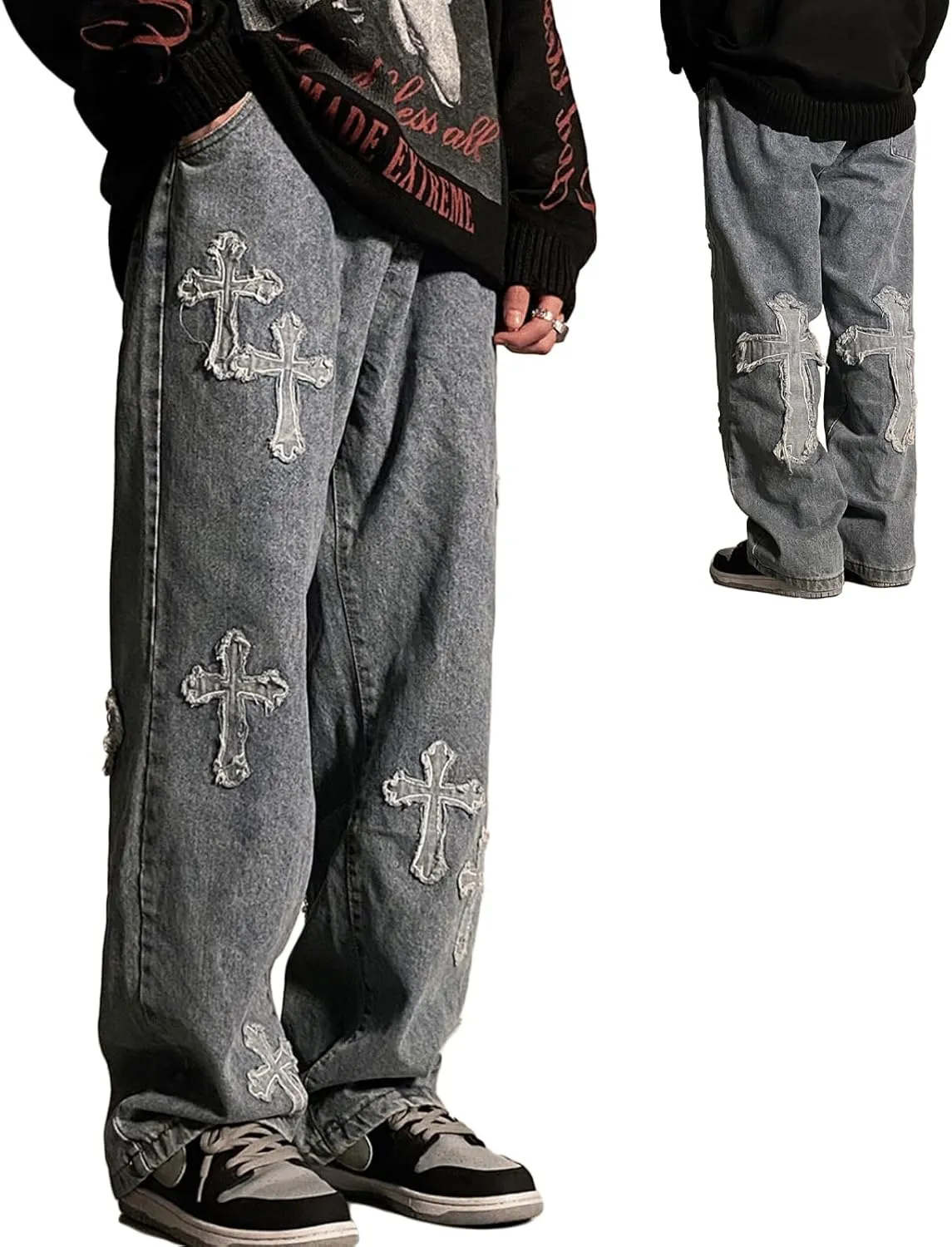 Baggy Jeans Men Streetwear Grunge Y2k Pants Distressed Cross Patch Cloth Frayed Gothic Punk Denim Clothes