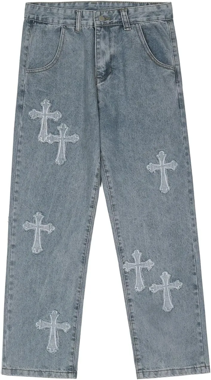 Baggy Jeans Men Streetwear Grunge Y2k Pants Distressed Cross Patch Cloth Frayed Gothic Punk Denim Clothes