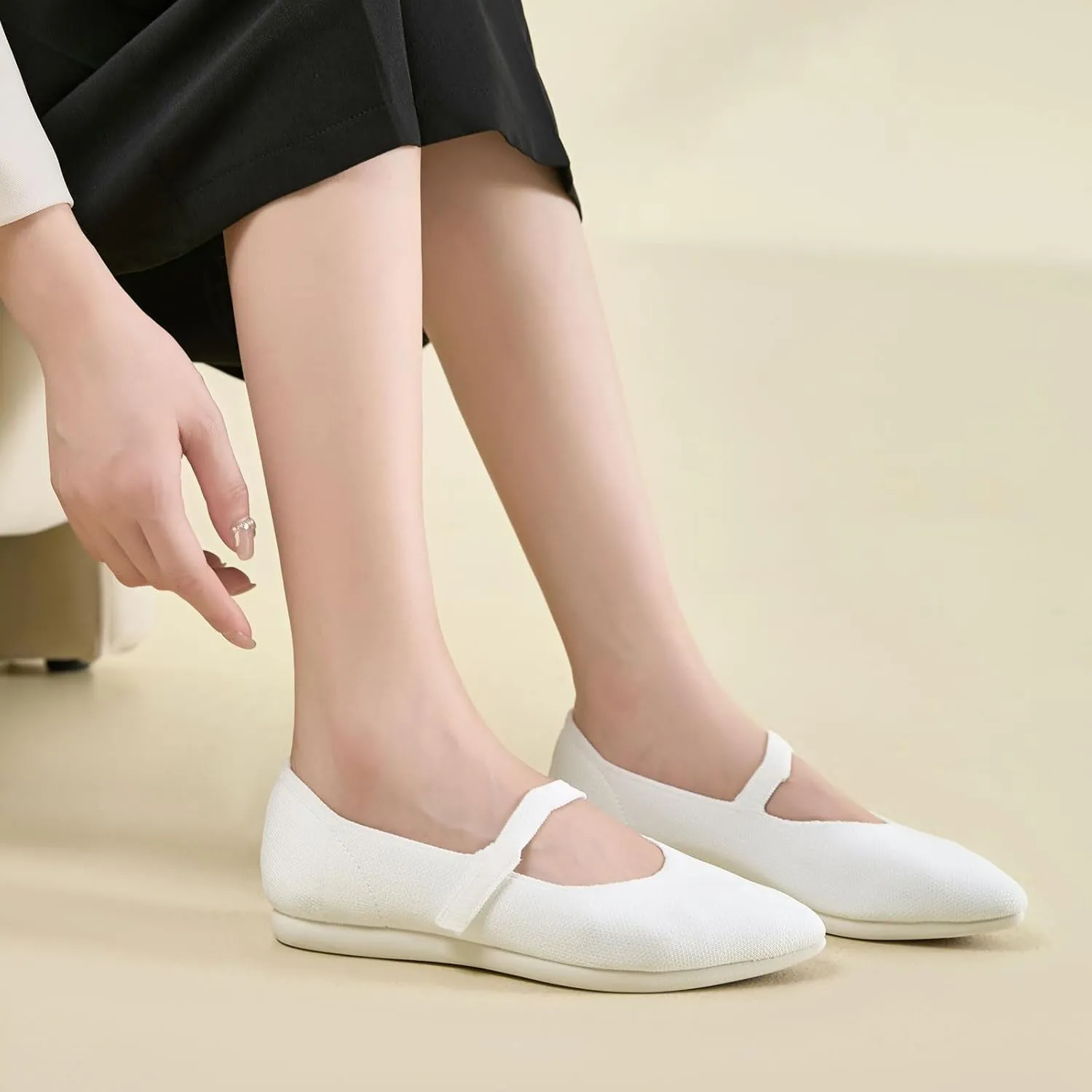 Ballet Flats for Women Pointed Toe Knit Mary Jane Shoes Comfortable Dressy Adjustable Straps Flat