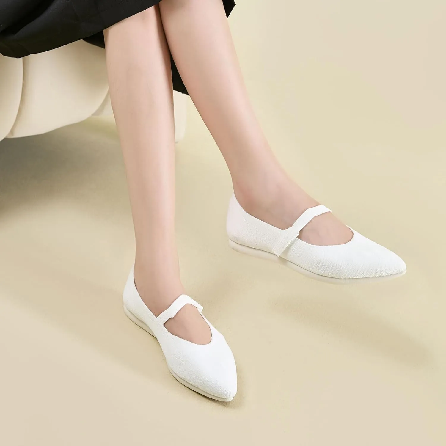 Ballet Flats for Women Pointed Toe Knit Mary Jane Shoes Comfortable Dressy Adjustable Straps Flat