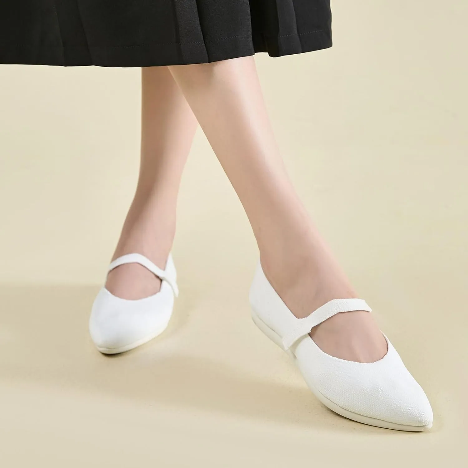 Ballet Flats for Women Pointed Toe Knit Mary Jane Shoes Comfortable Dressy Adjustable Straps Flat