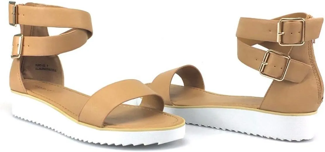 BAMBOO Women's Double Ankle Strap Faux Leather Platform Flats Sandal Pansy-02