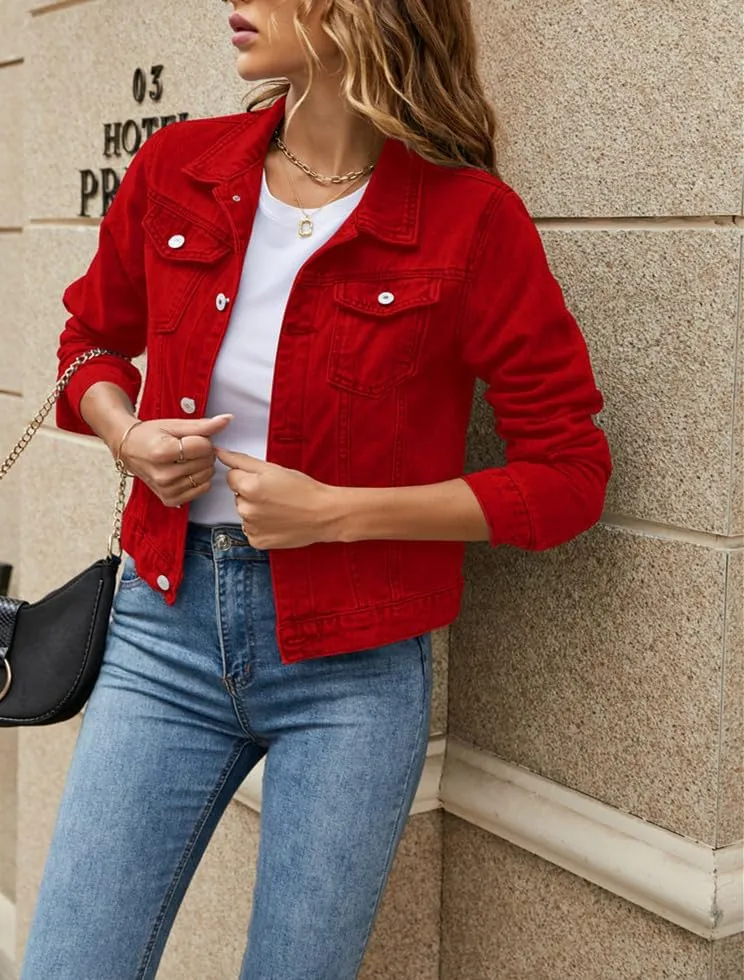 Basic Denim Jacket Women Trendy Distressed Jean Jackets Coat Button Up Vintage Western Trucker Outwear with Pockets