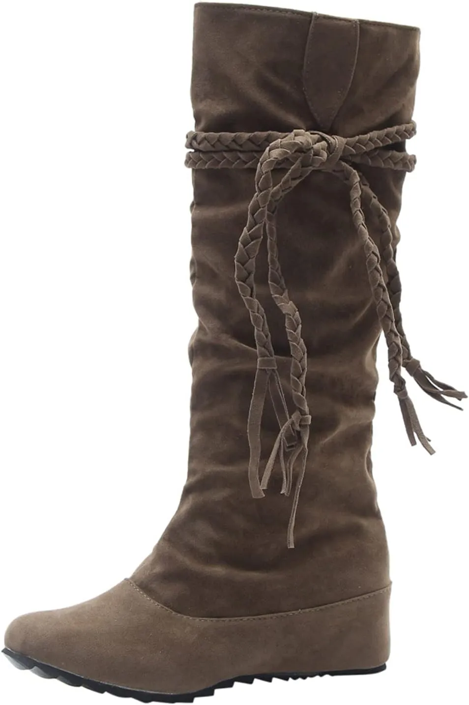 Bcshiye Women's Knee High Boot,Suede Warm Wedge Long Boots Slouchy Knee High Boots Casual Mid Calf Combat Riding Boots