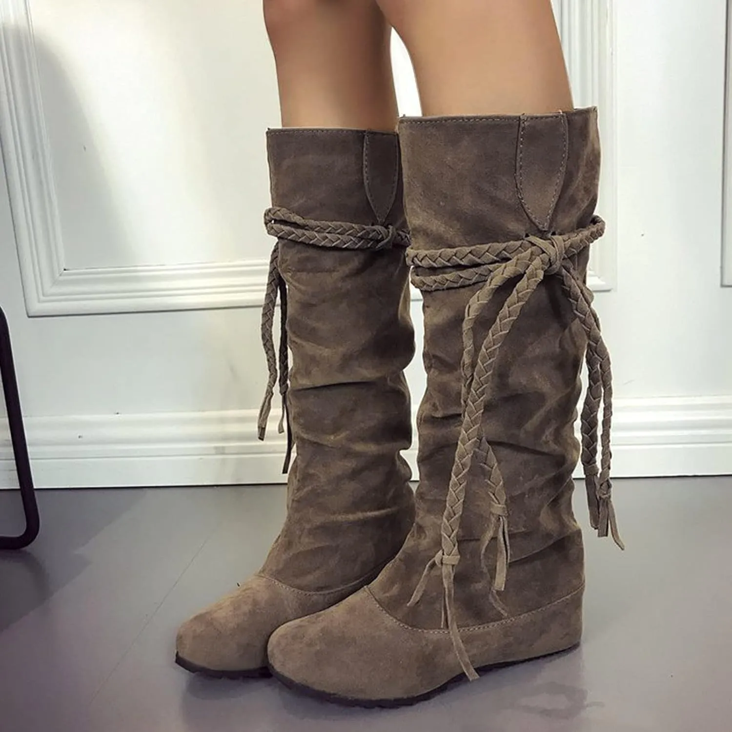 Bcshiye Women's Knee High Boot,Suede Warm Wedge Long Boots Slouchy Knee High Boots Casual Mid Calf Combat Riding Boots