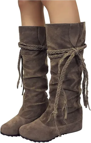 Bcshiye Women's Knee High Boot,Suede Warm Wedge Long Boots Slouchy Knee High Boots Casual Mid Calf Combat Riding Boots