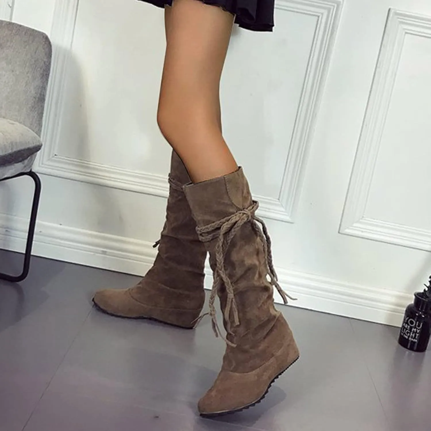 Bcshiye Women's Knee High Boot,Suede Warm Wedge Long Boots Slouchy Knee High Boots Casual Mid Calf Combat Riding Boots