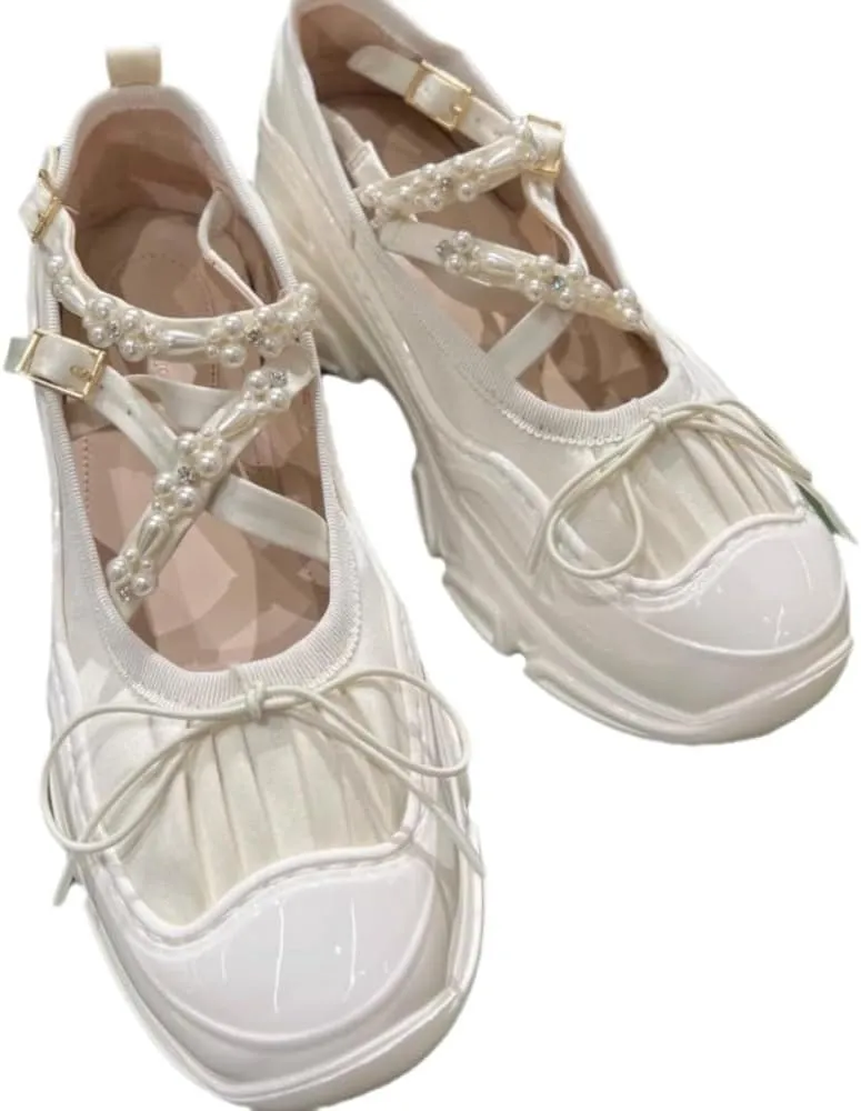 Beaded Strap Sneakerina Preppy Ballet Sneakers Women Girls Kawaii Y2K Trendy Retro Laces-up Round Toes Emo Shoes Non-Slip Chunky Sole Casual Satin Platform Sneakers Back to School Gifts for Daughter