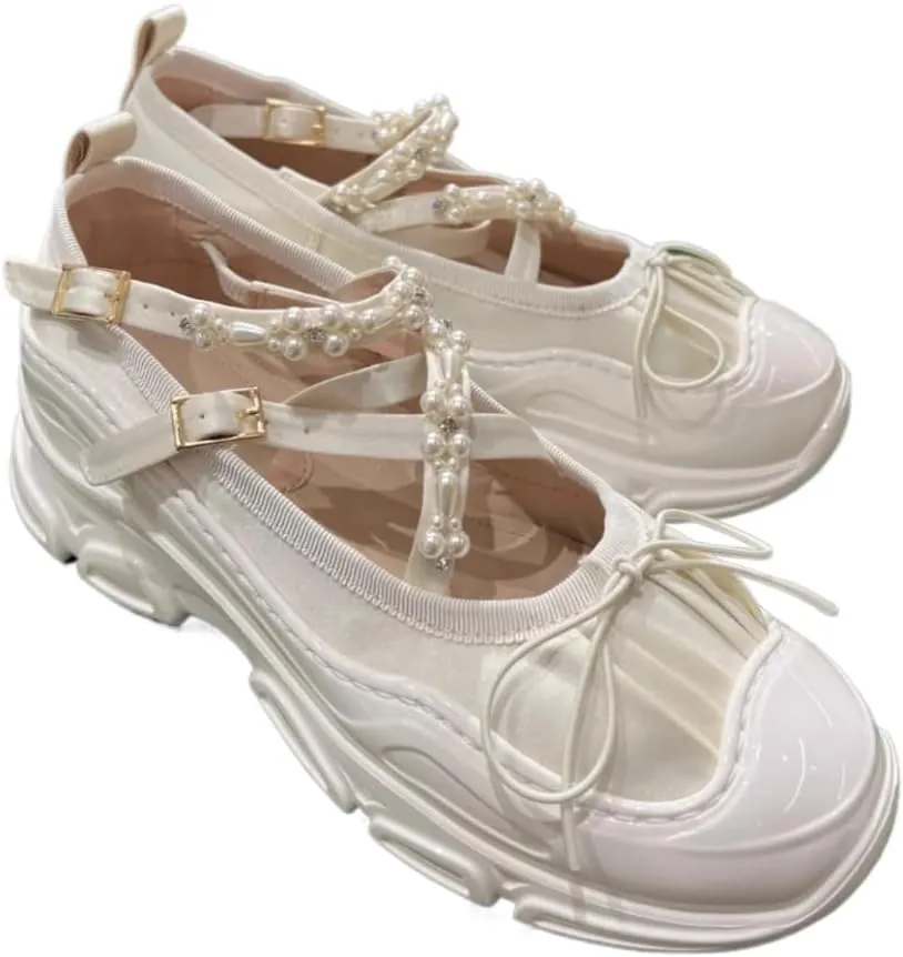 Beaded Strap Sneakerina Preppy Ballet Sneakers Women Girls Kawaii Y2K Trendy Retro Laces-up Round Toes Emo Shoes Non-Slip Chunky Sole Casual Satin Platform Sneakers Back to School Gifts for Daughter