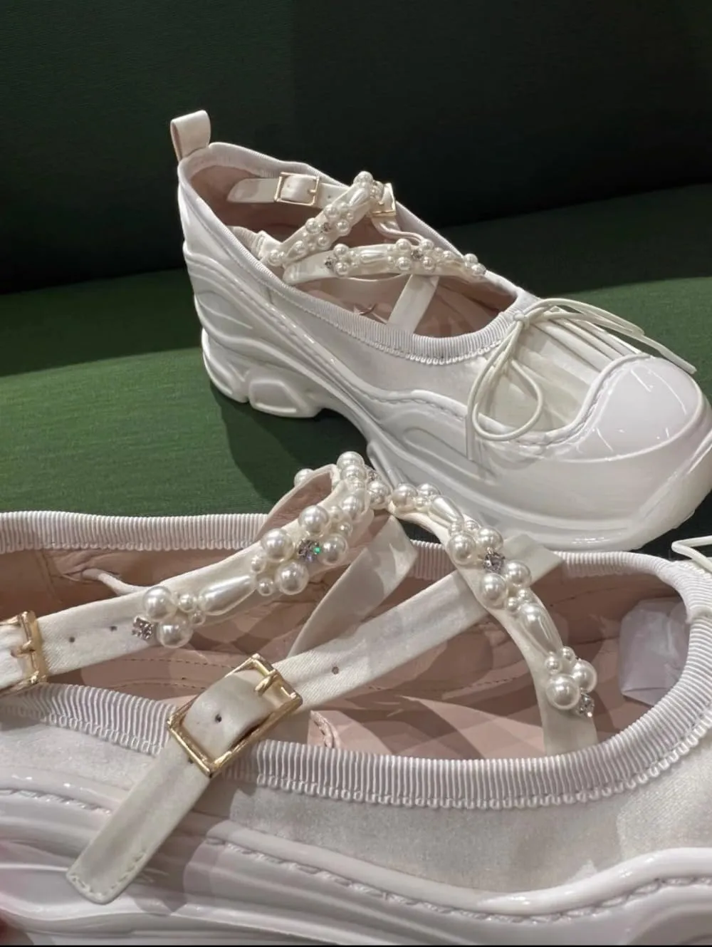 Beaded Strap Sneakerina Preppy Ballet Sneakers Women Girls Kawaii Y2K Trendy Retro Laces-up Round Toes Emo Shoes Non-Slip Chunky Sole Casual Satin Platform Sneakers Back to School Gifts for Daughter