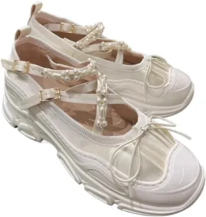 Beaded Strap Sneakerina Preppy Ballet Sneakers Women Girls Kawaii Y2K Trendy Retro Laces-up Round Toes Emo Shoes Non-Slip Chunky Sole Casual Satin Platform Sneakers Back to School Gifts for Daughter