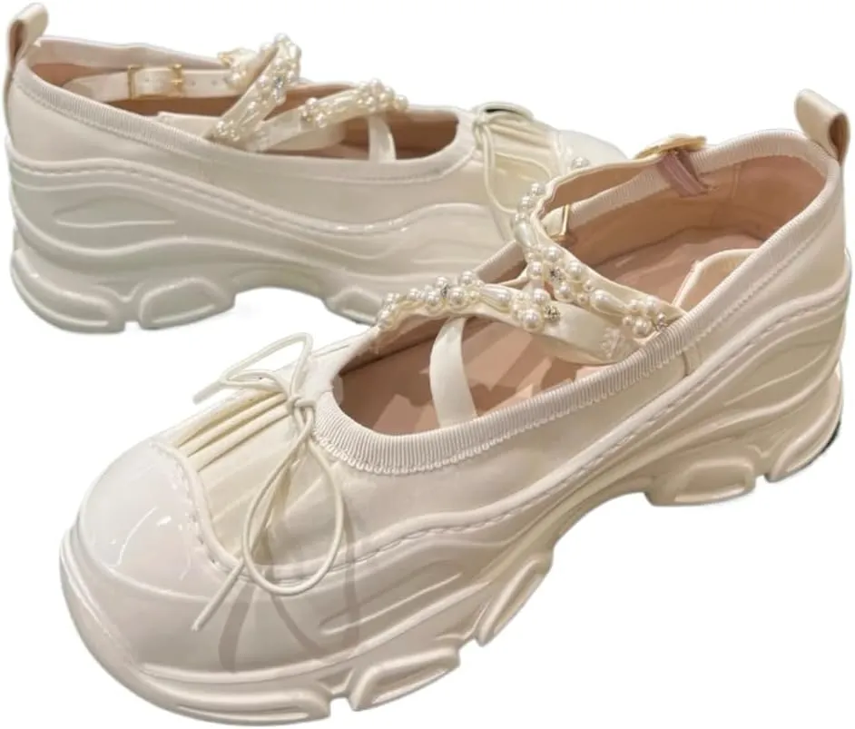 Beaded Strap Sneakerina Preppy Ballet Sneakers Women Girls Kawaii Y2K Trendy Retro Laces-up Round Toes Emo Shoes Non-Slip Chunky Sole Casual Satin Platform Sneakers Back to School Gifts for Daughter