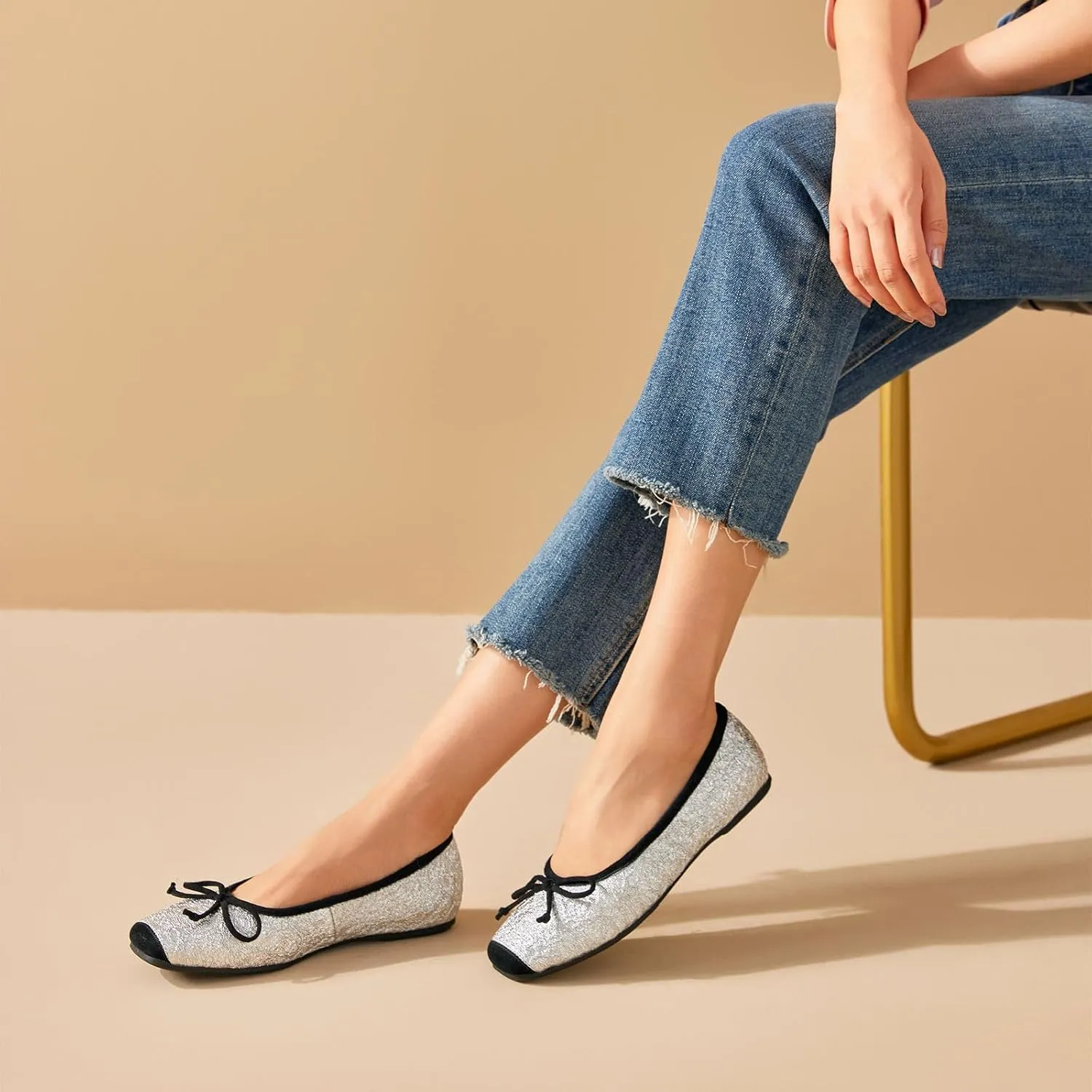 BEAU TODAY Mary Jane Shoes Women, Ballet Flats Shoes for Women, Buckle Strap Genuine Leather Flats, Comfortable Square Toe Dressy Mary Jane Flats Trendy