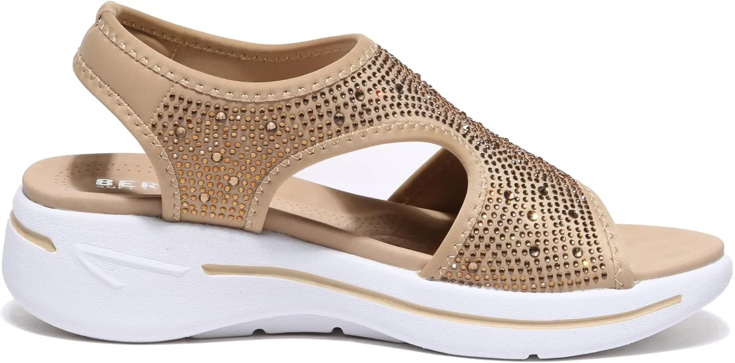 Bernal Women's Fashion Walking Sandals Comfortable Cushion Open-Toe Shoes Slip-On Platrorm Sandals with Diamonds