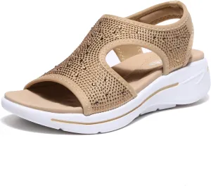 Bernal Women's Fashion Walking Sandals Comfortable Cushion Open-Toe Shoes Slip-On Platrorm Sandals with Diamonds