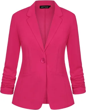 Blazers for Women Dressy Casual Ruched 3/4 Sleeve Lapel Button Work Office Cardigan Suit Jacket with Pockets
