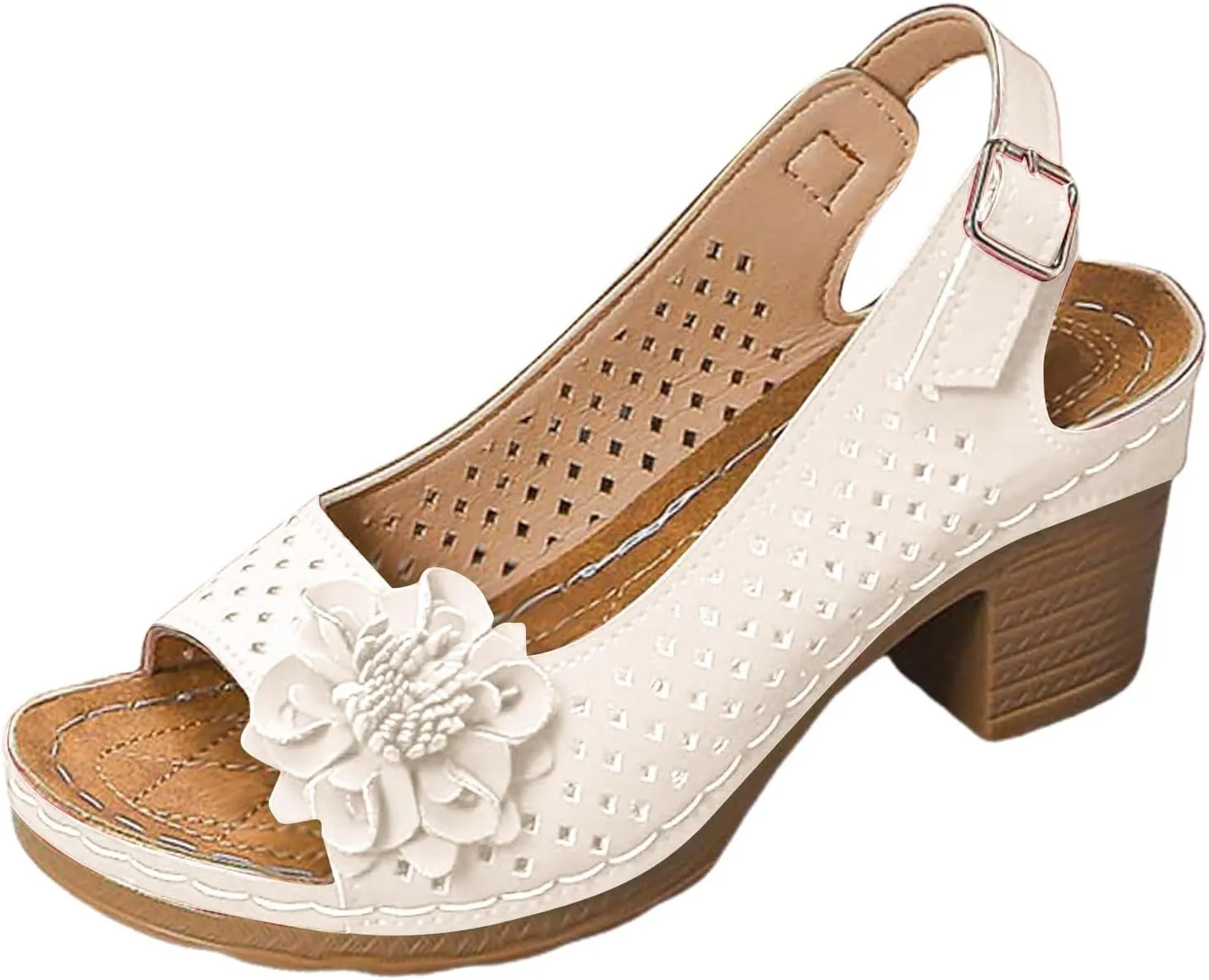 Block Heel Sandals for Women 2025 Comfort Dressy Women's Fish Mouth Flowers Comfortable Hollow Out Slingback Sandals Chunky Block Heel Cut-Out Leather Dress Adjustable Strappy Shoes for Daily Wear