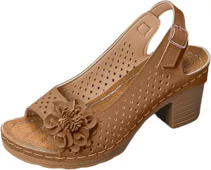 Block Heel Sandals for Women 2025 Comfort Dressy Women's Fish Mouth Flowers Comfortable Hollow Out Slingback Sandals Chunky Block Heel Cut-Out Leather Dress Adjustable Strappy Shoes for Daily Wear