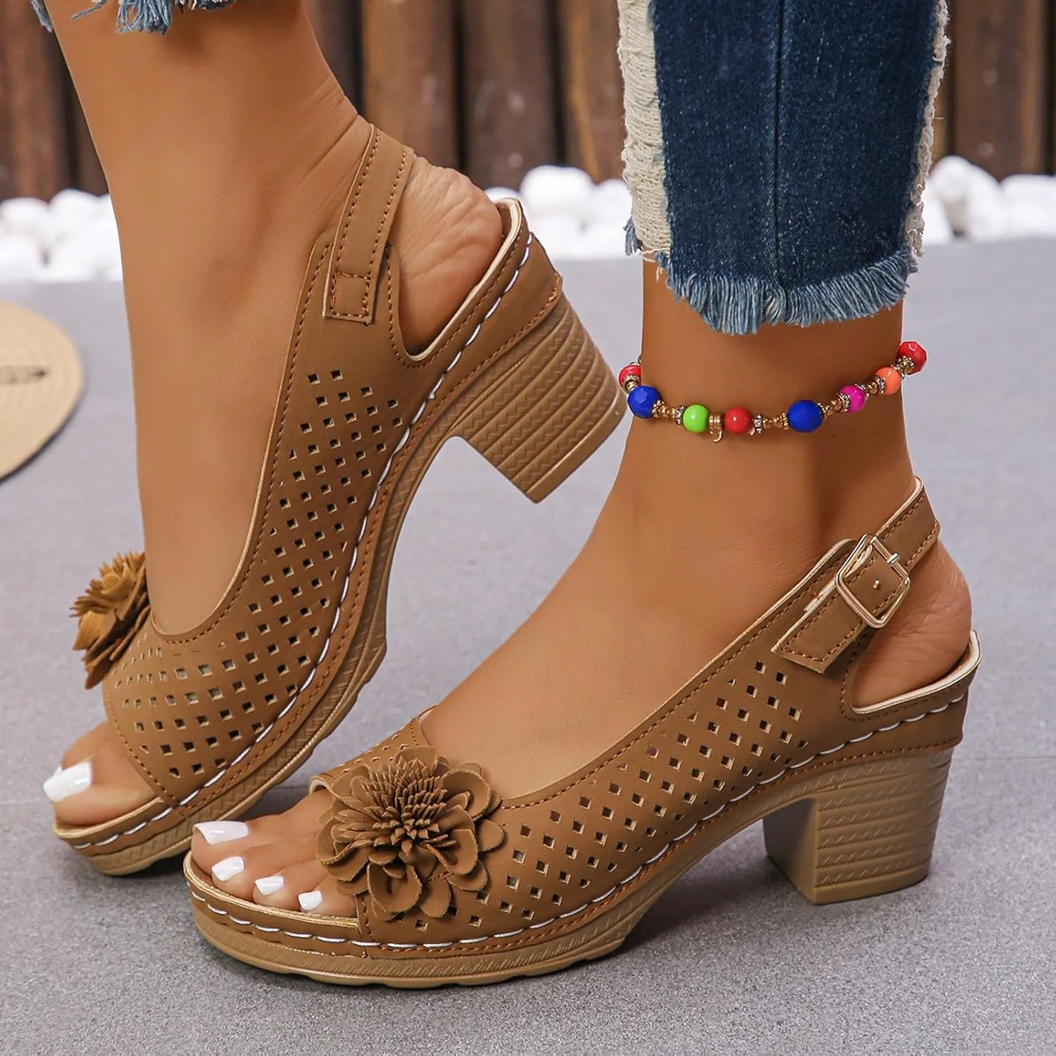 Block Heel Sandals for Women 2025 Comfort Dressy Women's Fish Mouth Flowers Comfortable Hollow Out Slingback Sandals Chunky Block Heel Cut-Out Leather Dress Adjustable Strappy Shoes for Daily Wear