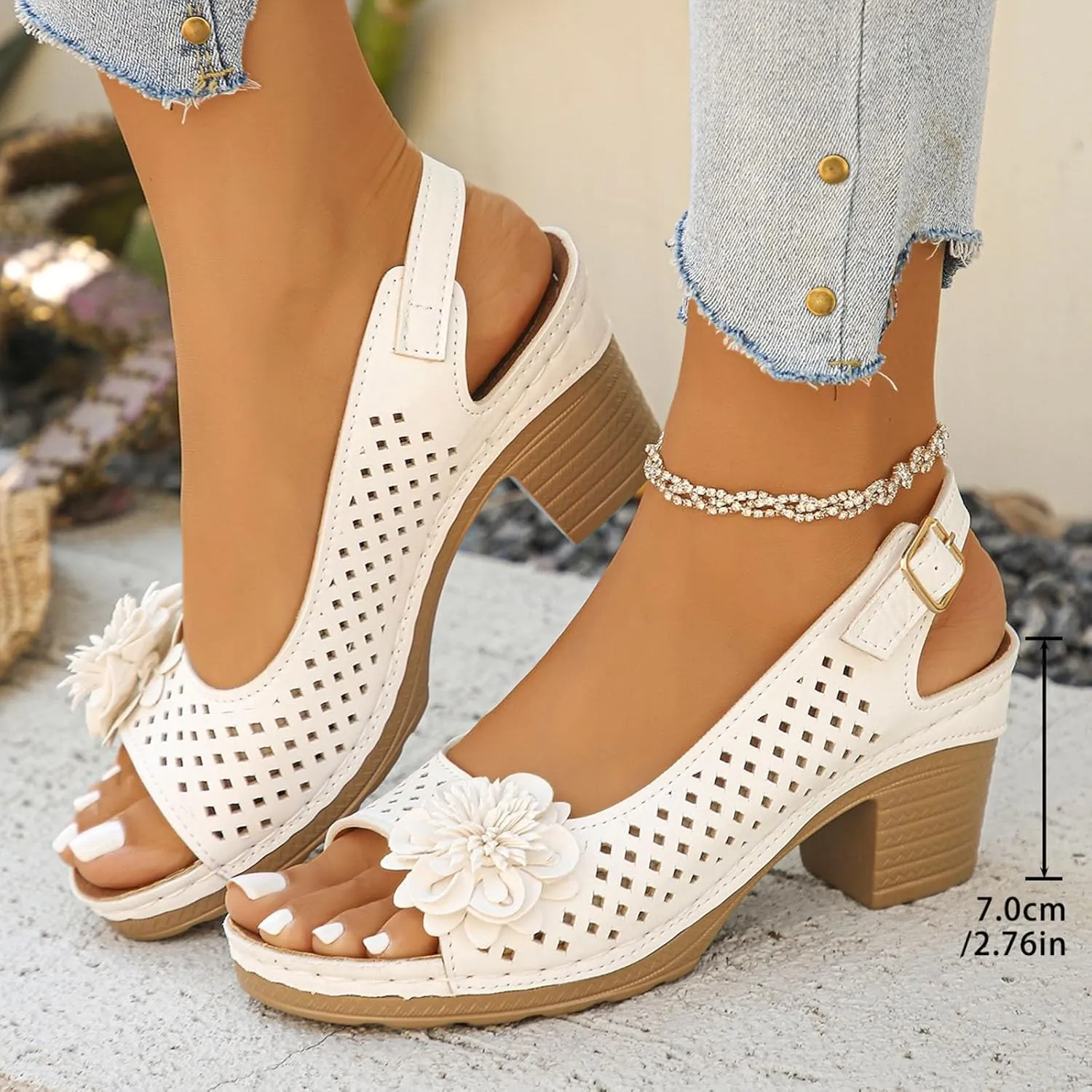 Block Heel Sandals for Women 2025 Comfort Dressy Women's Fish Mouth Flowers Comfortable Hollow Out Slingback Sandals Chunky Block Heel Cut-Out Leather Dress Adjustable Strappy Shoes for Daily Wear