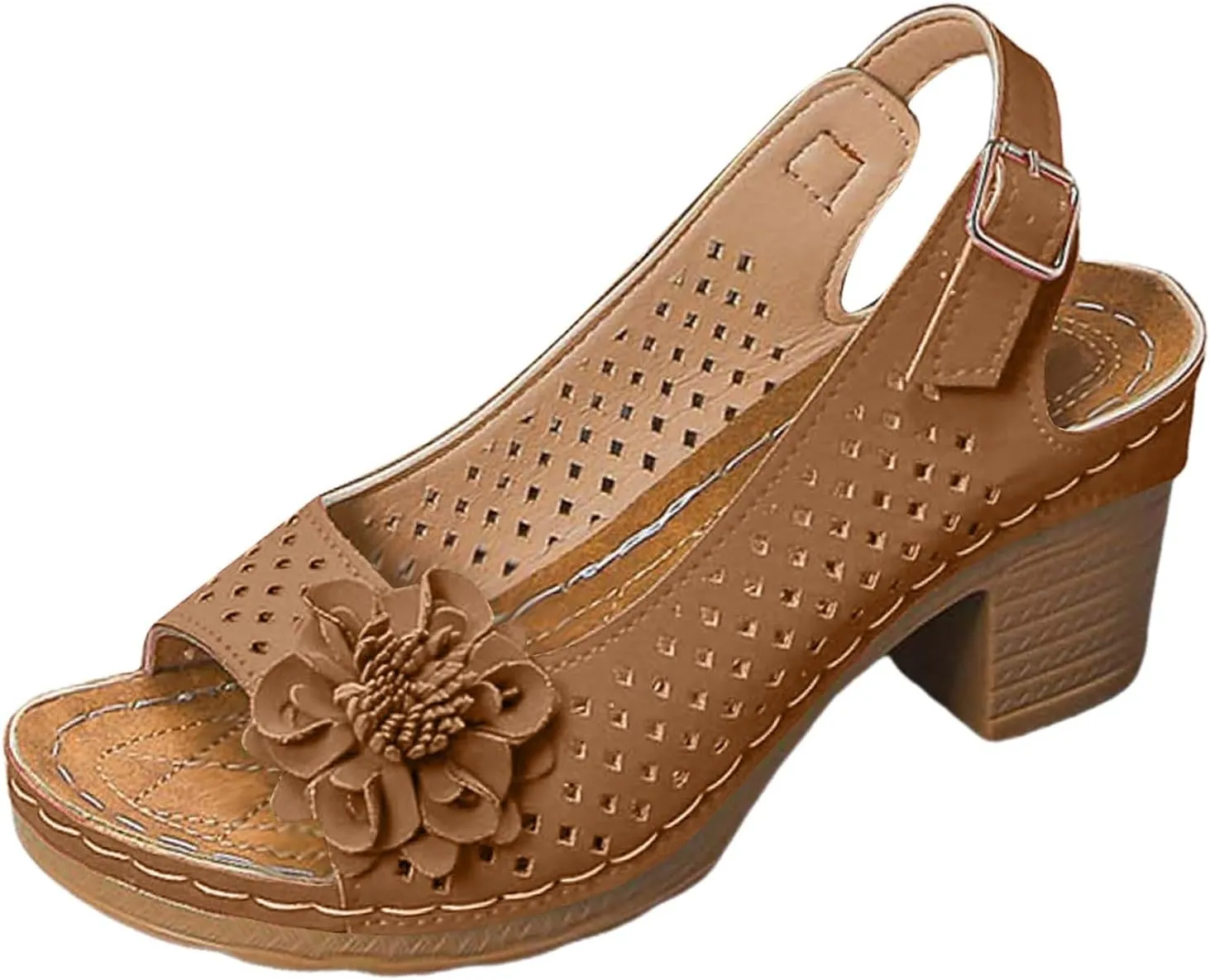 Block Heel Sandals for Women 2025 Comfort Dressy Women's Fish Mouth Flowers Comfortable Hollow Out Slingback Sandals Chunky Block Heel Cut-Out Leather Dress Adjustable Strappy Shoes for Daily Wear