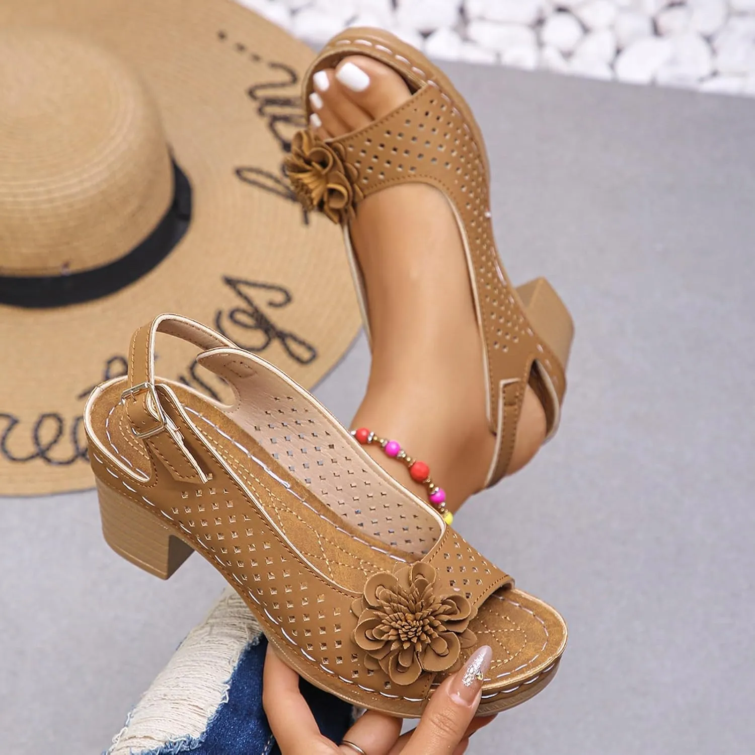 Block Heel Sandals for Women 2025 Comfort Dressy Women's Fish Mouth Flowers Comfortable Hollow Out Slingback Sandals Chunky Block Heel Cut-Out Leather Dress Adjustable Strappy Shoes for Daily Wear