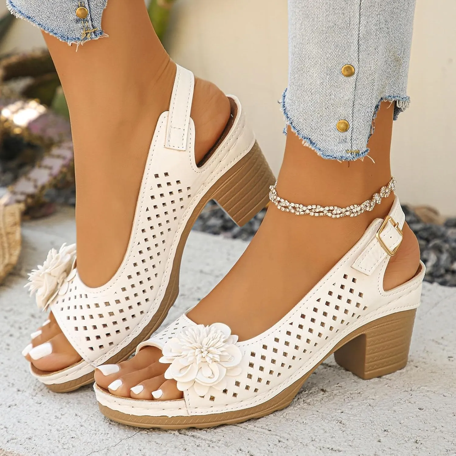 Block Heel Sandals for Women 2025 Comfort Dressy Women's Fish Mouth Flowers Comfortable Hollow Out Slingback Sandals Chunky Block Heel Cut-Out Leather Dress Adjustable Strappy Shoes for Daily Wear