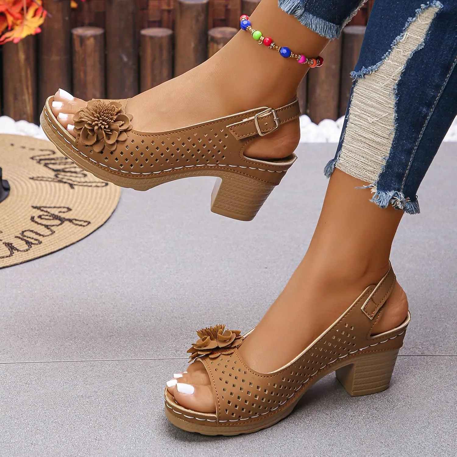 Block Heel Sandals for Women 2025 Comfort Dressy Women's Fish Mouth Flowers Comfortable Hollow Out Slingback Sandals Chunky Block Heel Cut-Out Leather Dress Adjustable Strappy Shoes for Daily Wear