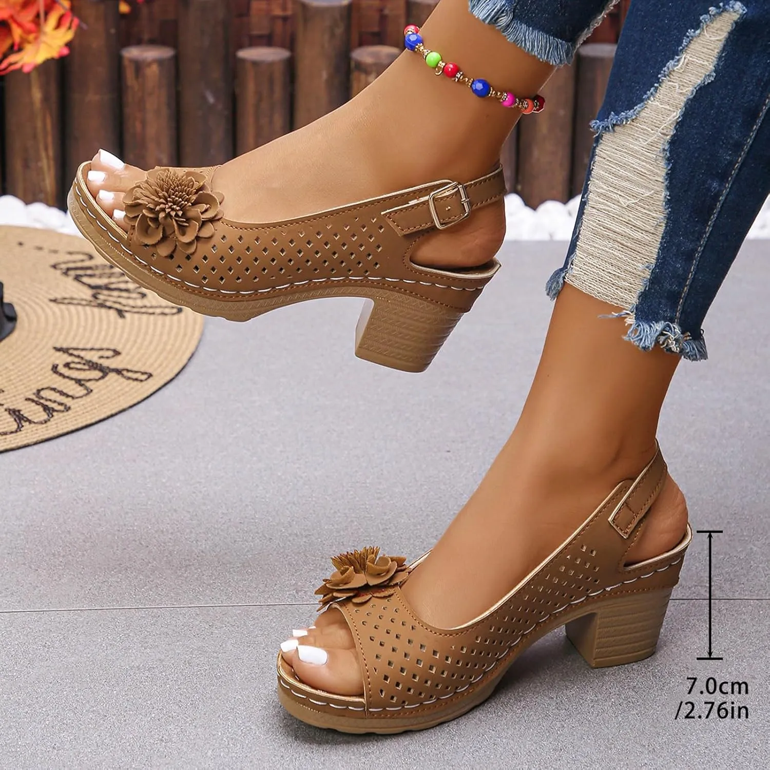Block Heel Sandals for Women 2025 Comfort Dressy Women's Fish Mouth Flowers Comfortable Hollow Out Slingback Sandals Chunky Block Heel Cut-Out Leather Dress Adjustable Strappy Shoes for Daily Wear