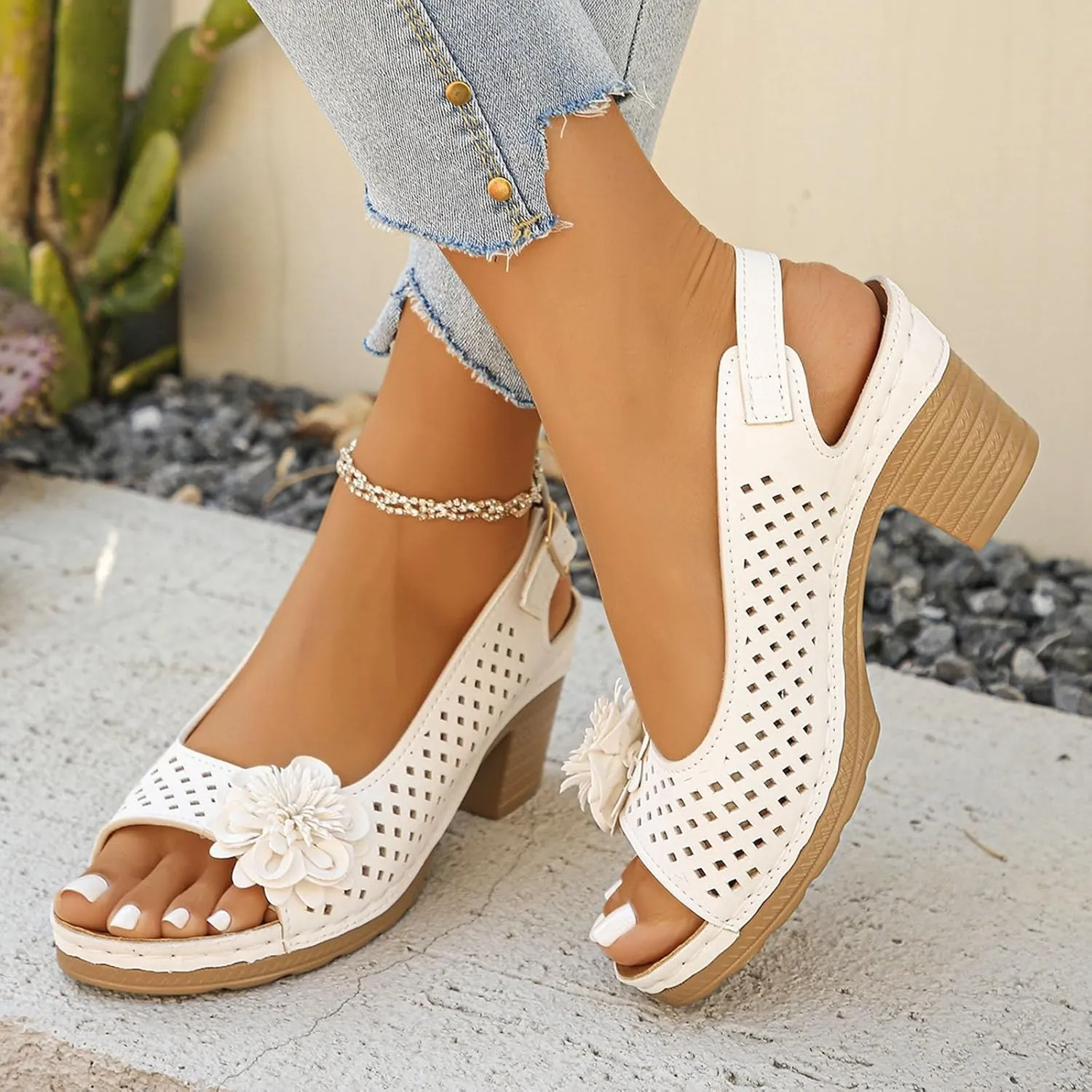 Block Heel Sandals for Women 2025 Comfort Dressy Women's Fish Mouth Flowers Comfortable Hollow Out Slingback Sandals Chunky Block Heel Cut-Out Leather Dress Adjustable Strappy Shoes for Daily Wear