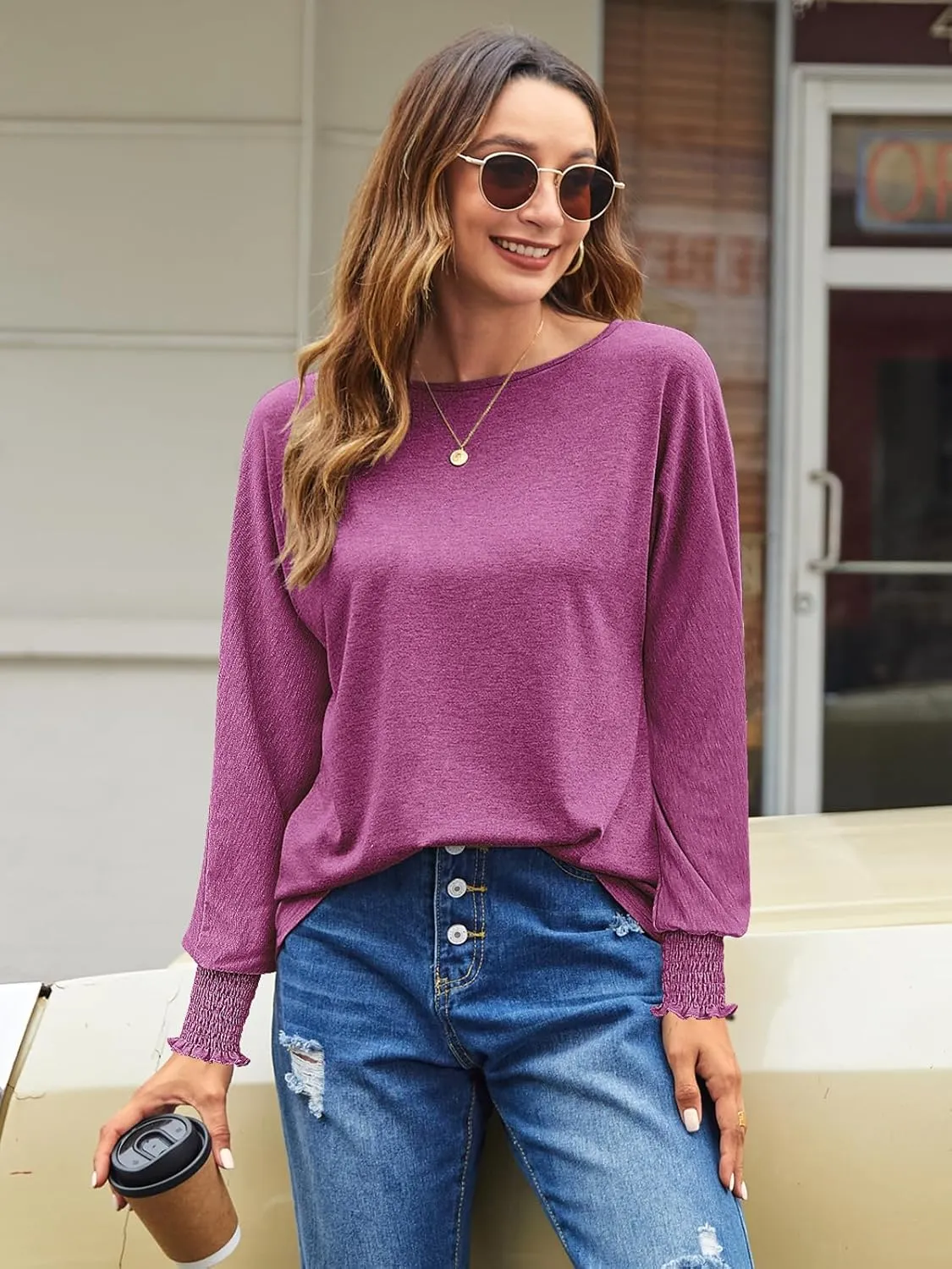 Bluetime Womens Long Sleeve Tops Crew Neck Casual T Shirts Loose Basic Tee Blouse