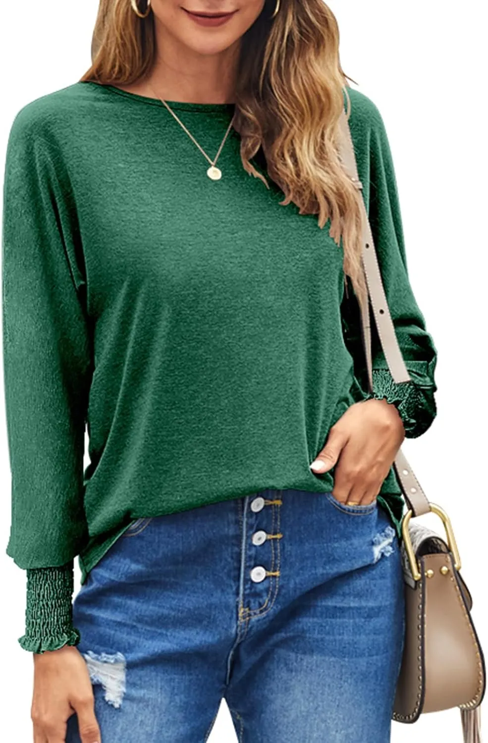 Bluetime Womens Long Sleeve Tops Crew Neck Casual T Shirts Loose Basic Tee Blouse