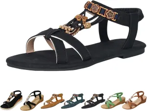 Bohemian Sandals Women Cute Wide Width Low Heel Wedge Sandals Dressy Summer Comfort Ankle Strap Beach Walking Sandal