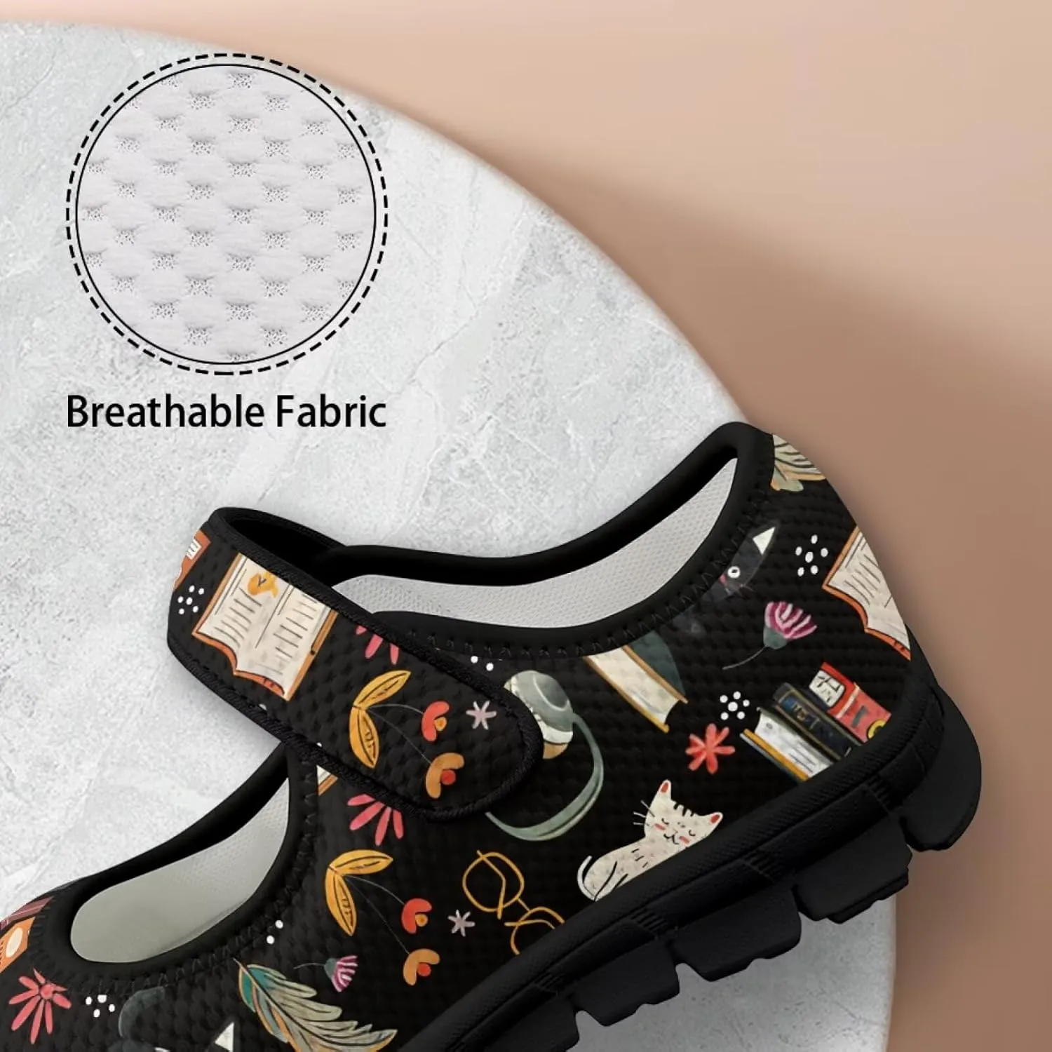 Book Love Print Mary Jane Shoes Women Wide Width,Lightweight Memory Foam Walking Flat Shoes Breathable Ballet Flat Shoes