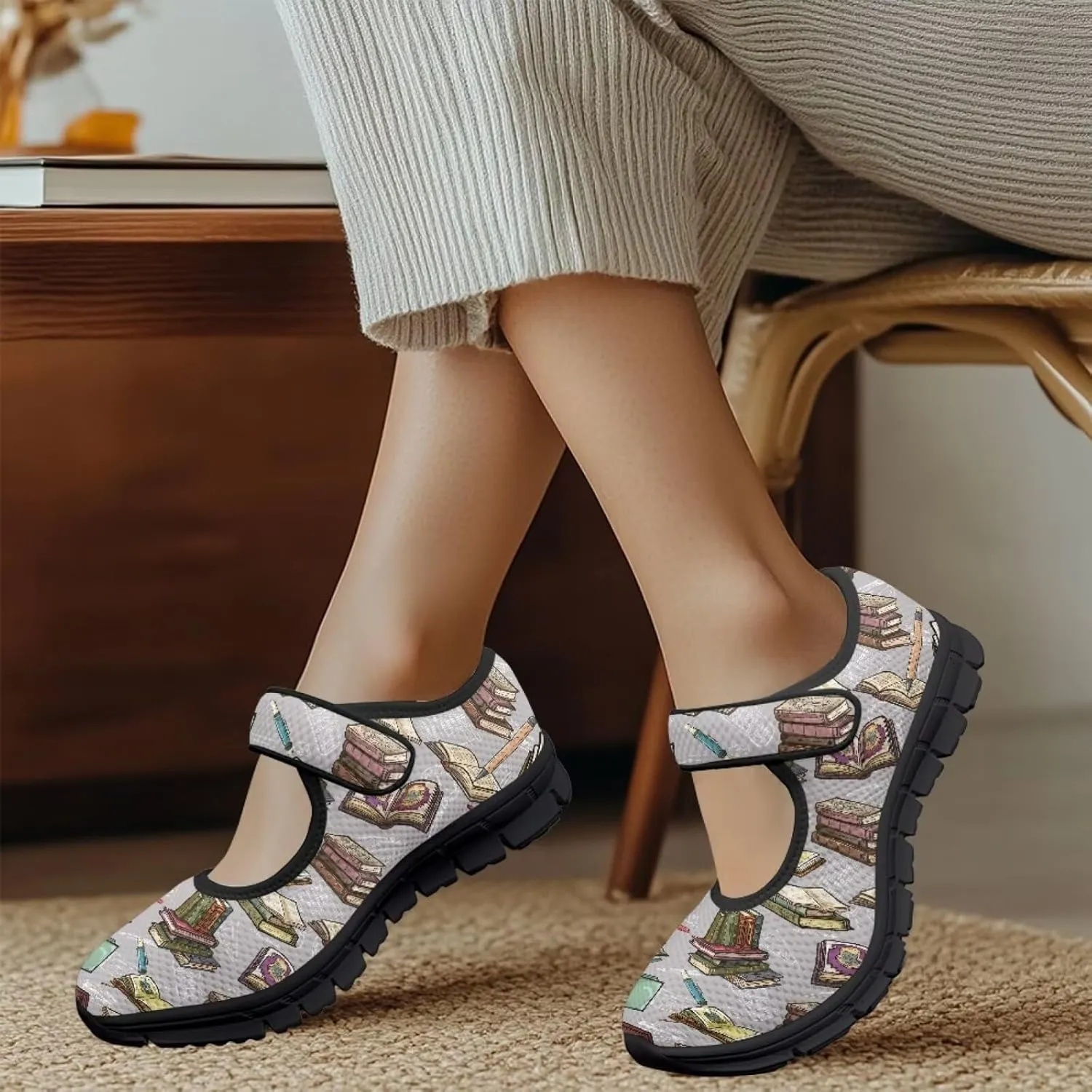 Book Love Print Mary Jane Shoes Women Wide Width,Lightweight Memory Foam Walking Flat Shoes Breathable Ballet Flat Shoes