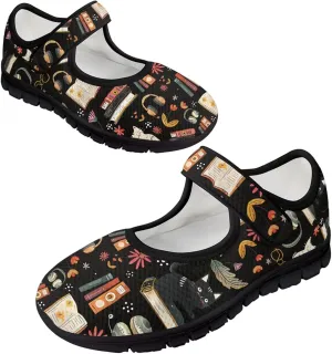 Book Love Print Mary Jane Shoes Women Wide Width,Lightweight Memory Foam Walking Flat Shoes Breathable Ballet Flat Shoes