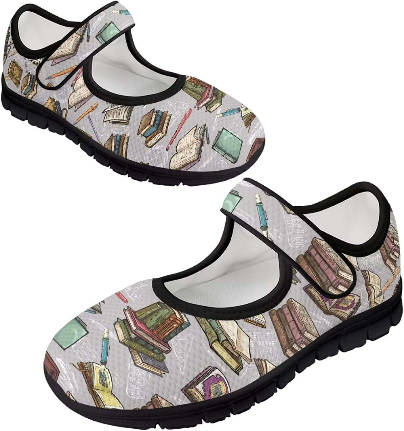 Book Love Print Mary Jane Shoes Women Wide Width,Lightweight Memory Foam Walking Flat Shoes Breathable Ballet Flat Shoes