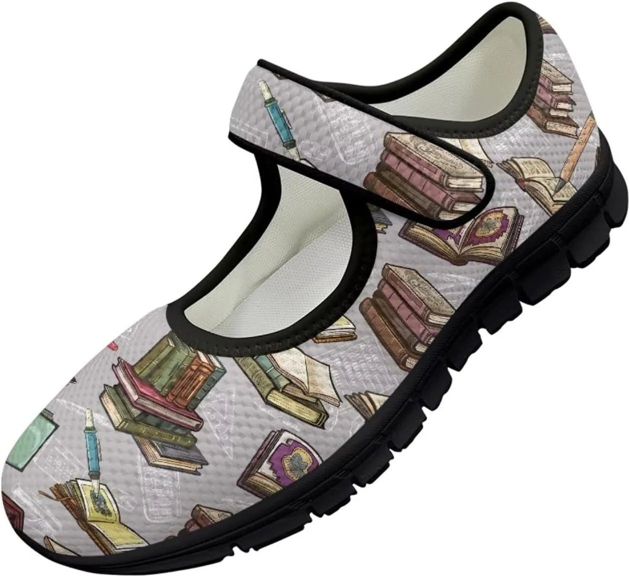 Book Love Print Mary Jane Shoes Women Wide Width,Lightweight Memory Foam Walking Flat Shoes Breathable Ballet Flat Shoes