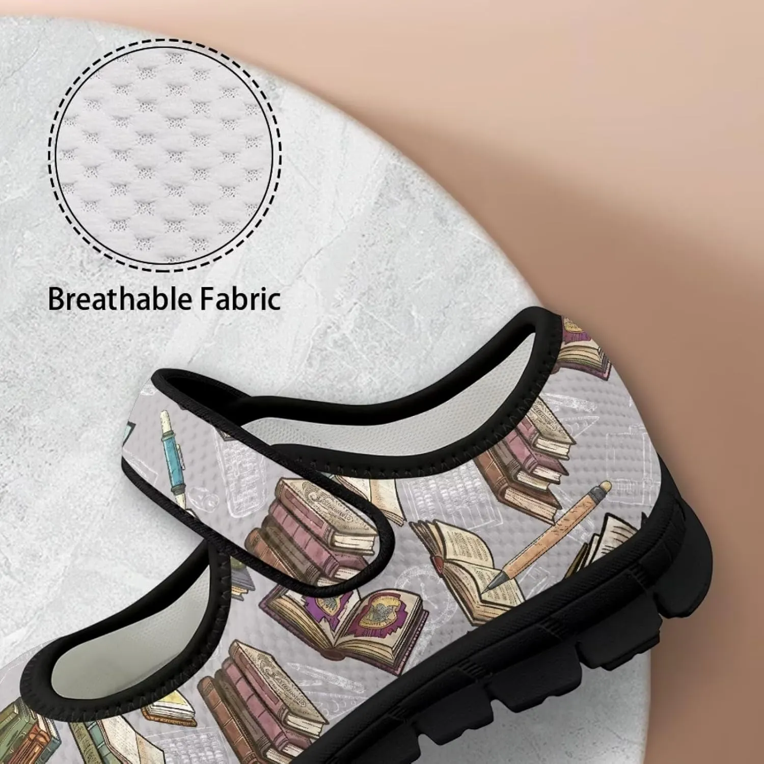 Book Love Print Mary Jane Shoes Women Wide Width,Lightweight Memory Foam Walking Flat Shoes Breathable Ballet Flat Shoes