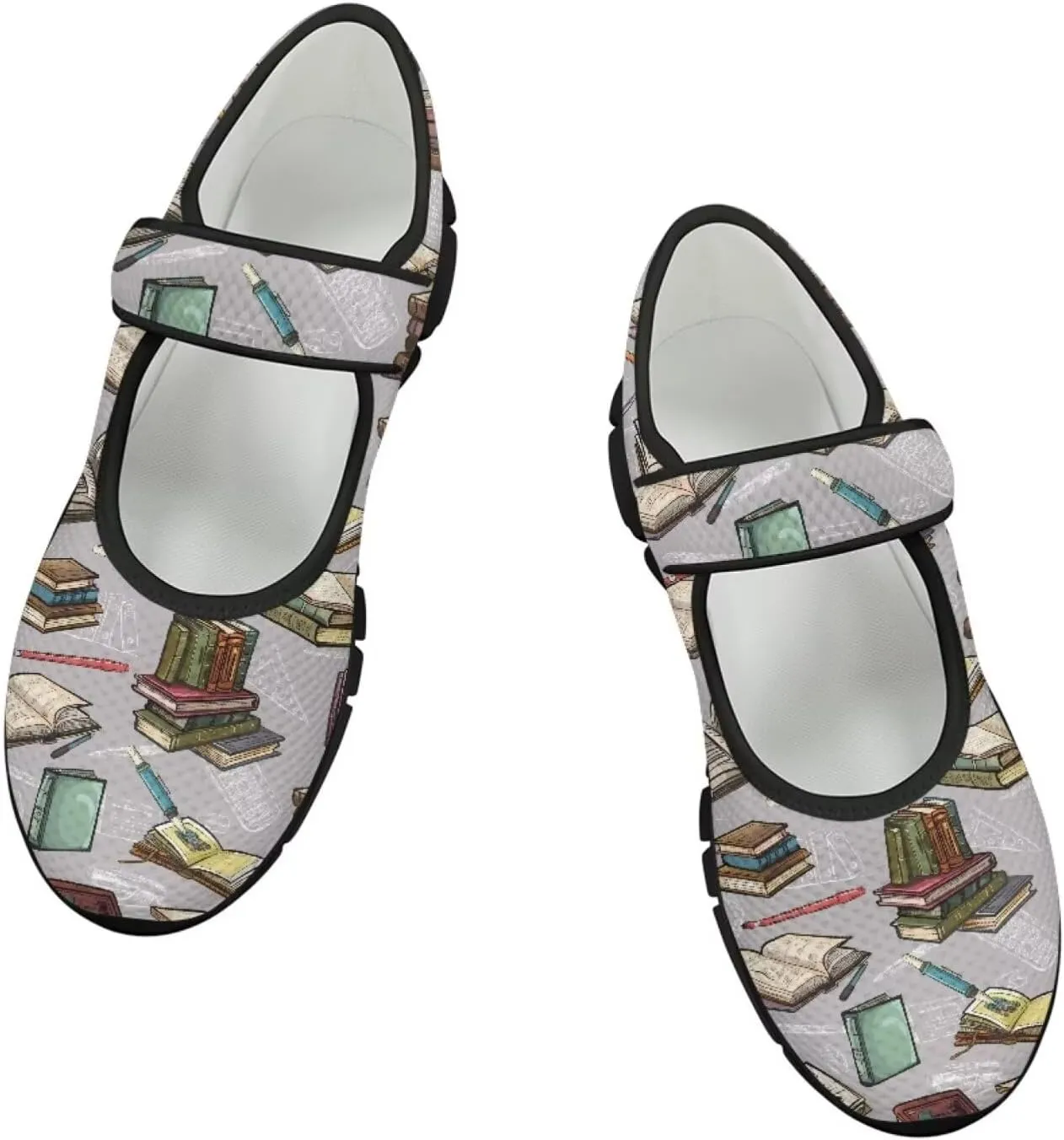 Book Love Print Mary Jane Shoes Women Wide Width,Lightweight Memory Foam Walking Flat Shoes Breathable Ballet Flat Shoes