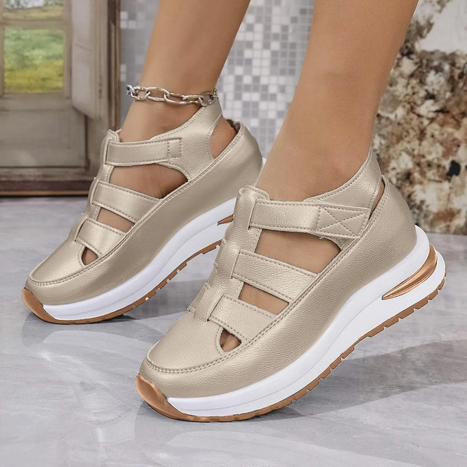 Bootara Women'S Plus Size Hollow-Out Casual Sandals, Closed Toe Platform Sandals Height-Boosting Thick Sole