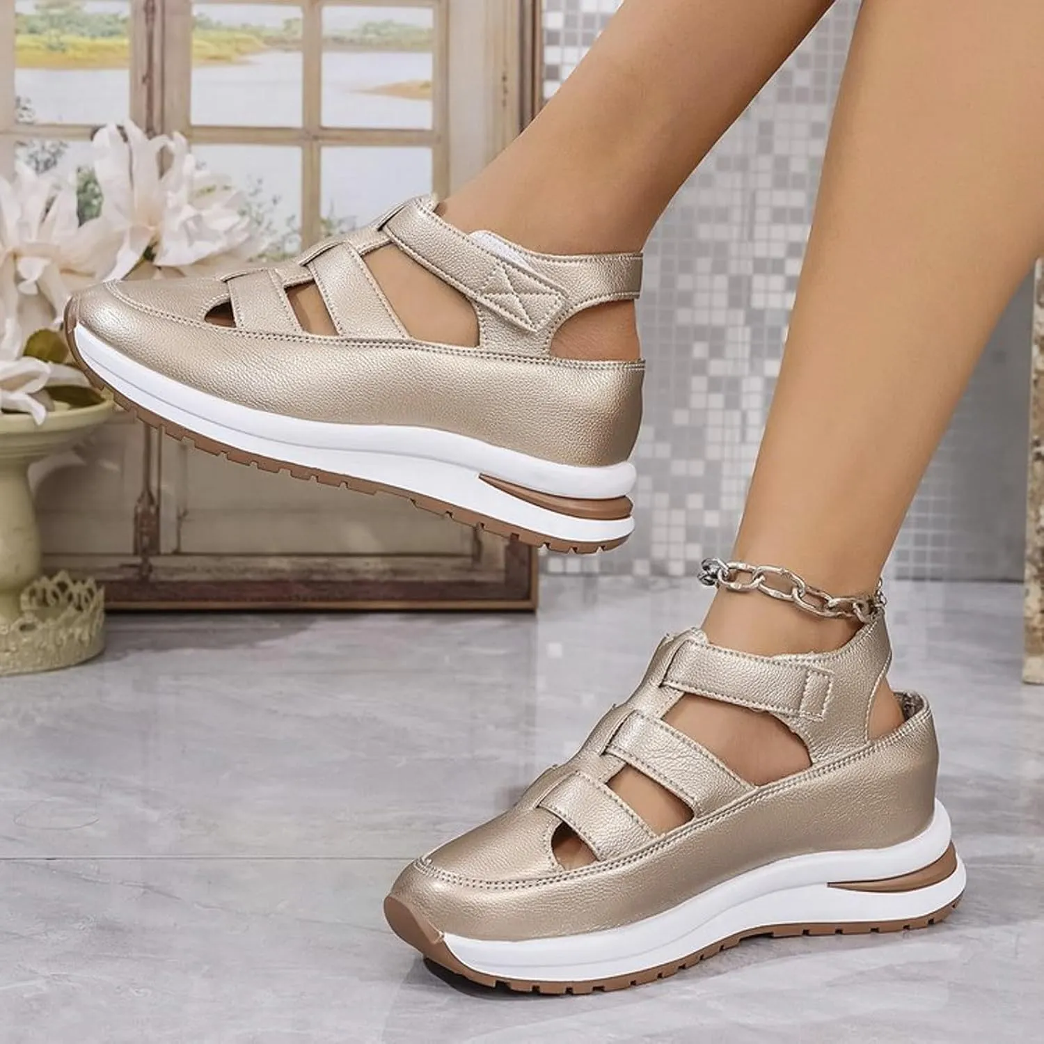 Bootara Women'S Plus Size Hollow-Out Casual Sandals, Closed Toe Platform Sandals Height-Boosting Thick Sole