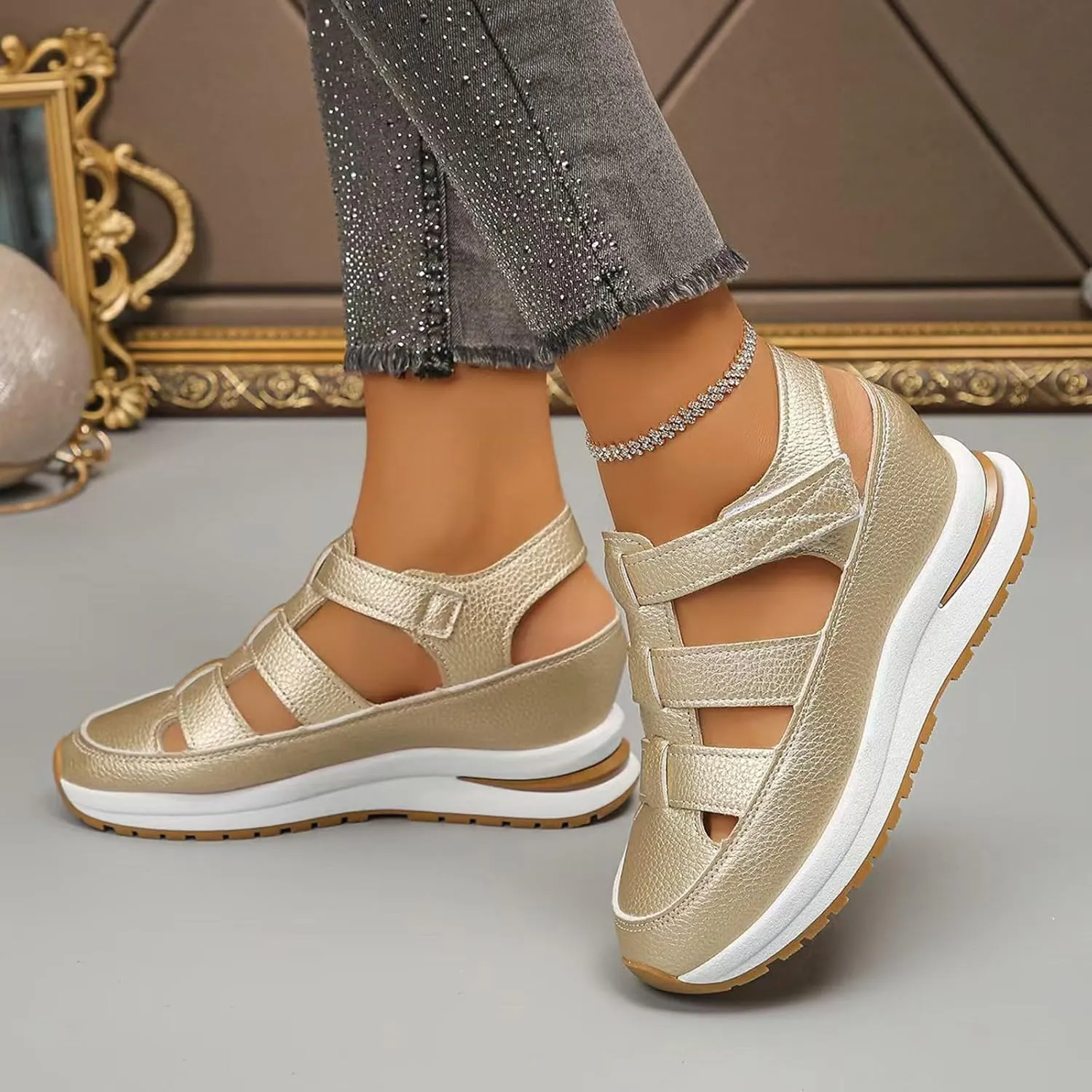 Bootara Women'S Plus Size Hollow-Out Casual Sandals, Closed Toe Platform Sandals Height-Boosting Thick Sole